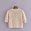 Za Knit Cardigan Sweater Women Short Puff Sleeve V Neck Vintage Spring Cropped Sweaters Woman Hollow Out Knitted Top 210602
