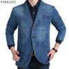 Mäns Classic Notched Collar 3 Knapp Distressed Denim Blazer Jacka Casual Slim Fit Washed Bomull Jeans Cowboy Blazer Masculino 210522