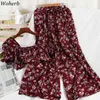 Sexy Chiffon Outfits Women Chic Cropped Blouse Tops+ Wide Leg Casual Pants Streetwear 2 Pieces Sets Korean Suit 210519