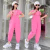 Teen Girls Clothing Solid Tshirt + Jumpsuit Costume For Casual Style Girl Summer Tracksuits Children 210528