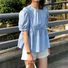 Summer Puff Rękaw Bawełniana Koszula Francuski Elegancki Okrągły Kołnierz Bluzka Kobiety Krótkie Topy Ubrania Blusa Mujer 14375 210506