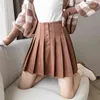 Autumn Winter Elegant Solid Woolen Pleated Women Skirt Buttons High Waist A-Line Sexy Mini Skater Skirts Lady 210428