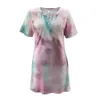 Wiosna Letnia Sukienka Kobiety Casual Tie Dye Print Button Up O Neck Krótki Rękaw Mini Ladies Moda Loose T Shirt ES 210522