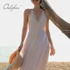 Sommar kvinnor Maxi Sexig Backless Spaghetti Strap White Lace Crochet Long Tunic Beach Dress 210415