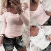 spring Women O-neck T-shirt Sexy Long Sleeve T-shirts Strap Off Shoulder Lace Stitching Female Casual Slim T Shirts Top Tees 210722