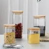 Transparante vierkante glazen voedsel opslag canisters wissen potten flessen voor graan granen bonen noten glazen flessen met bamboe deksel 120pcs