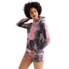 SHINBENE Tie Dye Crop Sweater+Leisure Shorts Gym Sport Sets Women Cotton Hooded Fitness Workout Long Sweater+Shorts 2Pcs/Set 210813