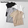 Casual solide tricoté t-shirt femmes manches courtes doux maison t-shirt col roulé dame couverture fine été mujer camisetas 210413