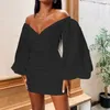 Günlük Elbiseler Seksi Kapalı Omuz Kadın Elbise Yaz Zarif Katı V Yaka Uzun Kollu 2021 Bodycon Saten House Of Cb Mini