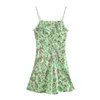 Za Green Satin Print Mini Summer Dress Donna senza maniche con spalline Backless Sexy Sundress Abiti da fiori vintage femminili 210602