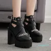 Mode-Kleidschuhe Sexy Kette dick mit 13 cm Gothic Damen Sommer atmungsaktives Leder Punk-Stil Straße mit hohen Absätzen