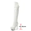 Kobiety nad butami kolanowymi Buty Patent Skórzany Platforma Super High Heel Długie Zipper Stiletto Heels Lady 210517