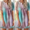 Spring Summer Dress Women Casual Tie Dye Print Button Up O Neck Short Sleeve Mini Ladies Fashion Loose T Shirt es 210522