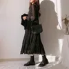 Katı Siyah O Boyun Uzun Kollu Pileli Şifon Elbise Kadınlar Uzun Kore Chic Retro Ince Vahşi Vestido Feminino Ince Bahar 210610