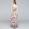 Sommer Designer Spaghetti Strap Kleid Frauen Elegante Rosa Blumen Druck Dschungel Urlaub Plissee Weibliche Lange Kleider 210416