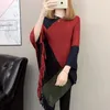 Poncho maglione di media lunghezza lavorato a maglia con frange Donna Taglie forti Mantella con cappuccio a vento pigro tipo pipistrello allentato Donna Primavera 210427