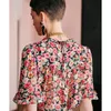 Bloups feminina camisas fluidas corta -lutas de corte curta manga curta o pescoço de seda elegante chique no verão impressão floral túnicos vintage 2022