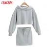 Tangada Kvinnor Tracksuit Sets Oversized Crop Cotton Suit 2 Pieces Sets Hood Hoodies Sweatshirt Kjoldräkter 4p23 210609