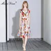 Fashion Designer Runway dress Spring Summer Women Dress V-neck Cartoon Print Lace-Up Dresses 210524