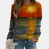 Spring Fashion Women's Loose Round Neck Tie-färg Färgglada 3D Digital Utskrift Långärmad Casual Kvinna Tshirts Oversized Top 210517