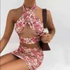 2 sztuka Paisley Drukuj Bandaż Halter Topy Kobiety Sexy Backless Slim Club Party Chic Mini Spódnice Ustaw Summer Corset Top Outfit 210517