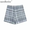 Spring Blended Textured Women Casual Plaid Shorts Female Skorts Double Breasted High Waist Straight Bottoms 210604