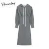 Yitimuceng Hooded Pencil Dress Long Sleeve Women Clothing Gray Black Solid Spring Autumn Winter Split Midi Empire Fashion 210601