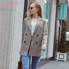AelegantMis Classic Houndstooth Kobiety Blazers Casual Casual Notched Double Breasted Long Blazer Jacket Office Lady Coats 210607