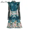 Robe de créateur de mode Printemps Robe pour femmes Crystal Paillettes Mesh Manches longues Volants Floral Imprimer Robes élégantes 210524