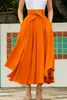 Skirts Women's Solid Color High Waist A Line Skirt Fashion Slim Bow Belt Pleated Long Maxi Red Orange Yellow