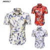 Sommar ny mode blommor skjortor regelbundet fit casual skjorta kort ärmknapp ner röd beige hawaiian social blus 210412