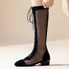 Bottes BLXQPYT Super taille 34-50 femmes genou talons hauts fermeture éclair Sexy maille été Cool respirant chaussures sandales 16-1