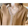 Spring V-Neck Long Sleeve Solid Tops Chic Hollow Embroidery Splicing Blouse Women Plus Size Satin Silk Shirt Ladies 13094 210521