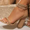 Сандалии Летние женские туфли-лодочки золотистого цвета с цепочкой украшенные женские туфли на высоком каблуке с ремешком на щиколотке Массивная модная женская обувь для вечеринок и клубов Mujer