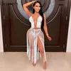 Beyeprn Chic Hollow Out Crochet Fringe Monokini Set Lato Kobiet Halter Neck Crop Top i Maxi Spódnica Zestaw plaży 210730