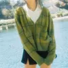 Vintage warm Green Plaid Cardigan women knitted sweater With Front Button Women Cropped Sweater 210521