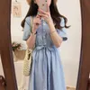 Pocket Plus Taille Summer Girls Boho Party Femme Robe Vintage à manches courtes Stripe Blue Robes Robes Longue robe Vestido 210417