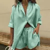 2021 Women Shorts Sets Lounge Wear Stripe Shirt Top High Waist Drawstring Sportwear Shorts Suit Summer Ladies Sporty 2 Piece Set