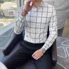 가을 겨울 긴팔 격자 무늬 셔츠 남성 한국 유행 비즈니스 캐주얼 남성 드레스 셔츠 사회 의류 Camisa Masculina 210527