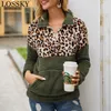 Frauen Fleece Sweatshirt Herbst Winter Warme Casual Plüsch Faux Pelz Leopard Patchwork Reißverschluss Tasche Hoodies Rollkragen Dicke Top 210507