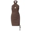 Vrouwen Halter Mini Jurk Zomer Effen Ruches Koord Lace Up Hollow Out Bodycon Sexy Party Club Pakket Hip Vestidos 210526