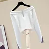 Wwenn Sexy Slash Neck Off Shoulder Women Tops Långärmad T-shirt Kvinna Slim Solid Tjejer Diamanter Zipper White Shirts 210507