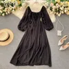 NEPLOE CHIC PLATED Slim Waist Drawstring Dresss Women Höst Square Collar Chiffon Dress Fashion Puff Sleeve Vestidos 210423