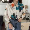 Frühling Koreanischen Stil Druck Frauen Bluse Button Up Langarm Weiß Damen Shirts Lose Drehen-unten Kragen Weibliche Kleidung 210521