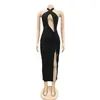 Anjamanor Sexy Club Dress Women Party Outfit Rosa Black Hollow Out Halter Backless High Split Long Maxi Dresses D42-CF26 X0521