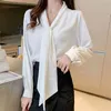 Мода корейской одежды с длинным рукавом Office Lady стиль V-образным вырезом рубашка Wome's Bow на кружев шифоновая блузка Blusas Mujer 11276 210508