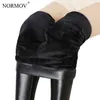 NORMOV Women Thick Leather Leggings Winter Black High Waist Warm Plus Velvet Fashion Pu Femme 211204