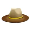 Gradiente Fedora chapéu para mulheres outono inverno homens moda borda larga jazz chapéus com cinto de couro amarelo casual lã roll