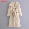 Parkas de gran tamaño beige para mujer con cinturón Otoño Invierno Botones de manga larga Bolsillos Abrigo cálido para mujer QN01 210416