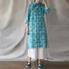 Johnature Women Ramie Dress Spring Stand Print Blommor Robes Kinesisk stil Kvinnor Vintage Cheongsam Blå Klänning 210521